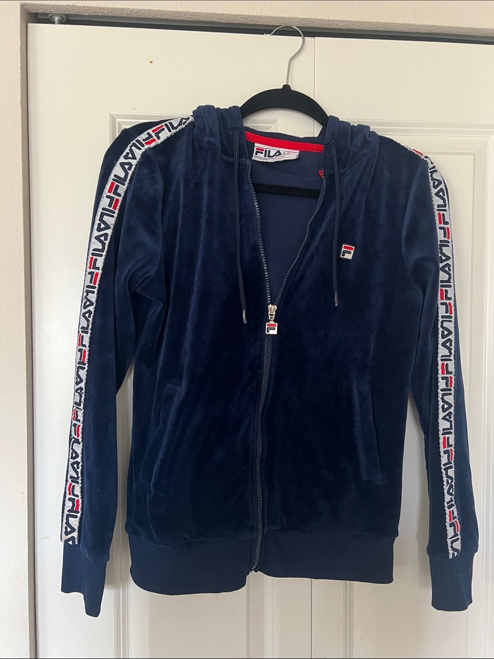Fila Navy Velour Zip-Up Hoodie with Logo Sleeve Tape